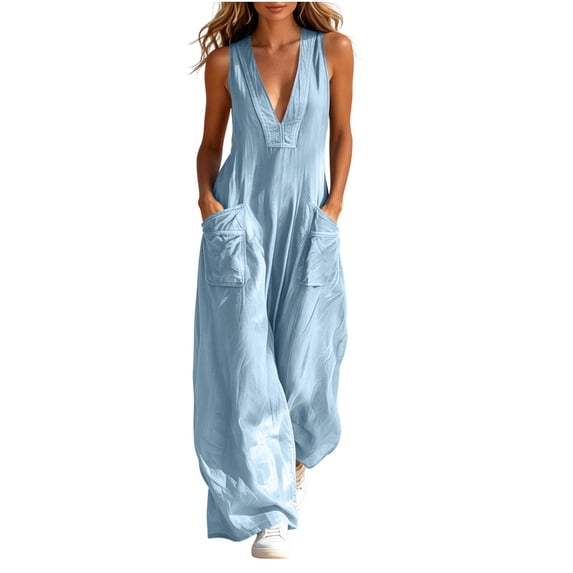 Women's Fashion Casual Solid Color Deep V Halter Neck Sleeveless Jumpsuit Ruched Detail Pockets Long Pants One Piece Light Blue XL(XL)
