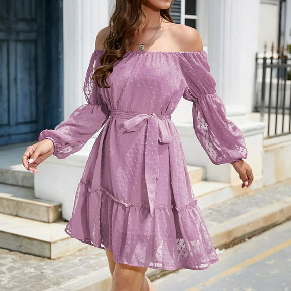 Women's Fashion Casual Solid Color Elastic One Line Collar Porosity Leaf Long Sleeve With Belt With Off The Shoulder Chiffon Dress Ruffle Summer Dress Sports Dress for Women Summer Dresses Drawstring