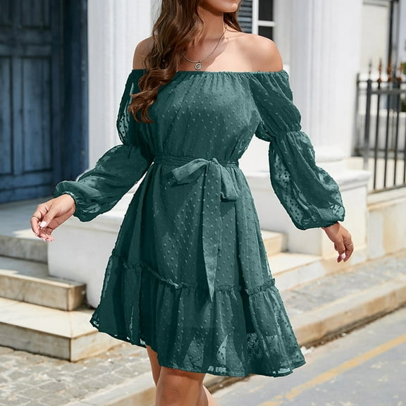 Women's Fashion Casual Solid Color Elastic One Line Collar Porosity Leaf Long Sleeve With Belt With Off The Shoulder Chiffon Dress Ruffle Summer Dress Sports Dress for Women Summer Dresses Drawstring