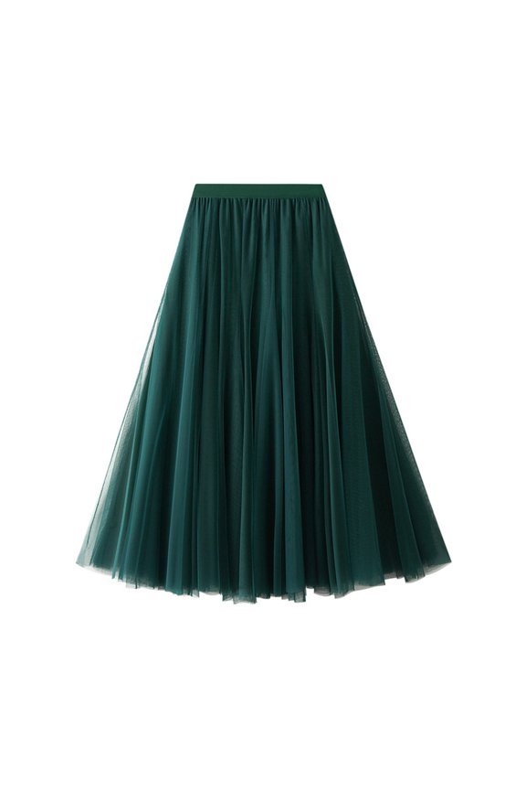 Women's Fashion Casual Solid Color High Waist Ruffle Splicing Mesh Half-body Skirt, Flowy Design for Casual Wear, Lightweight and Comfortable,Dark Green,Size One Size