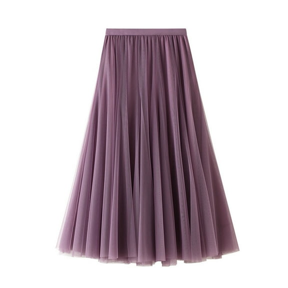 Women's Fashion Casual Solid Color High Waist Ruffle Splicing Mesh Half-body Skirt, Flowy Design for Casual Wear, Lightweight and Comfortable,Dark Purple,Size One Size