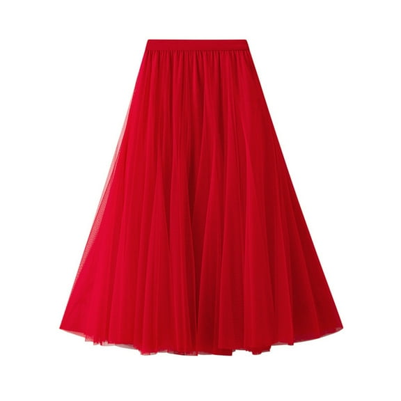 Women's Fashion Casual Solid Color High Waist Ruffle Splicing Mesh Half-body Skirt, Flowy Design for Casual Wear, Lightweight and Comfortable,Red,Size One Size