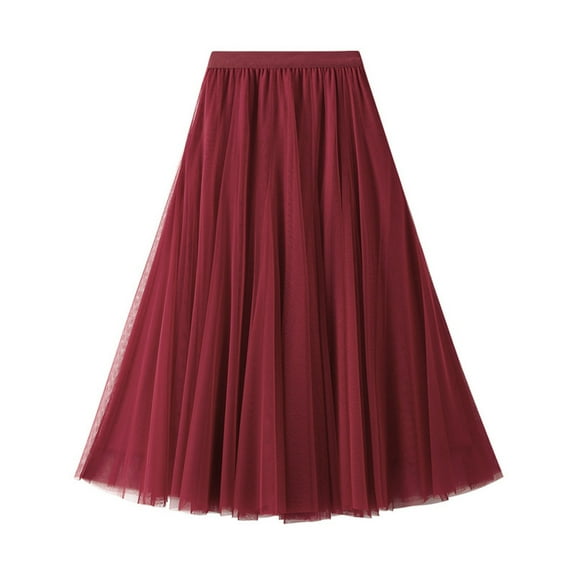 Women's Fashion Casual Solid Color High Waist Ruffle Splicing Mesh Half-body Skirt, Flowy Design for Casual Wear, Lightweight and Comfortable,Wine,Size One Size