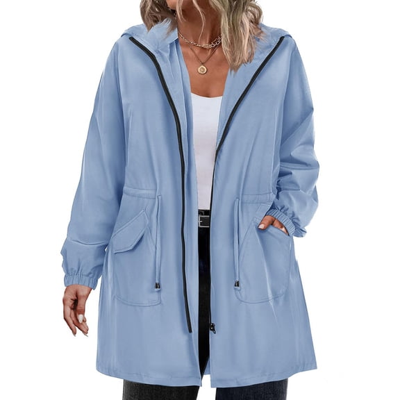 Women's Fashion Casual Solid Color Hooded Cotton Coat - Mid-Length, Long Sleeve, Zipper Closure, Plus Size, Blue, L