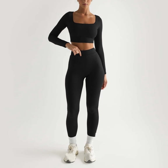 Women's Fashion Casual Solid Color Long Sleeve Square Collar Two Piece Slim Yoga Sports Pants Suit Yoga Set for Beginners with Wheel Aerial Yoga Swing Set Frame Yoga Mat with Carrying Bag Set Pant