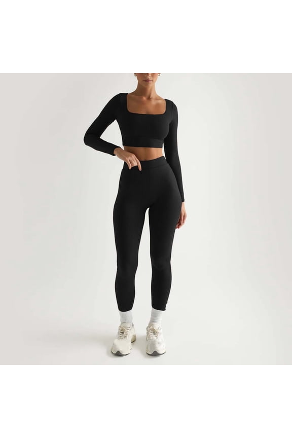 Women's Fashion Casual Solid Color Long Sleeve Square Collar Two Piece Slim Yoga Sports Pants Suit Yoga Set for Beginners with Wheel Aerial Yoga Swing Set Frame Yoga Mat with Carrying Bag Set Pant