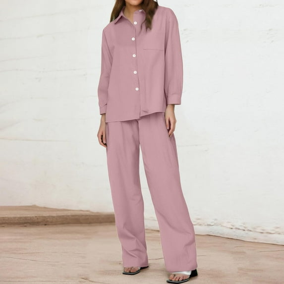 Women's Fashion Casual Solid Color Long Sleeve Temperament Linen Shirt Set High Waist Loose Pants Set Two Piece Pants Set Women Womens Work Pants Wide Leg Womens Snow Apparel Womens Snow Pants