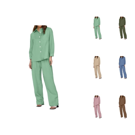 Women's Fashion Casual Solid Color Long Sleeve Temperament Linen Shirt Set High Waist Loose Pants Set Womens Casual Pants