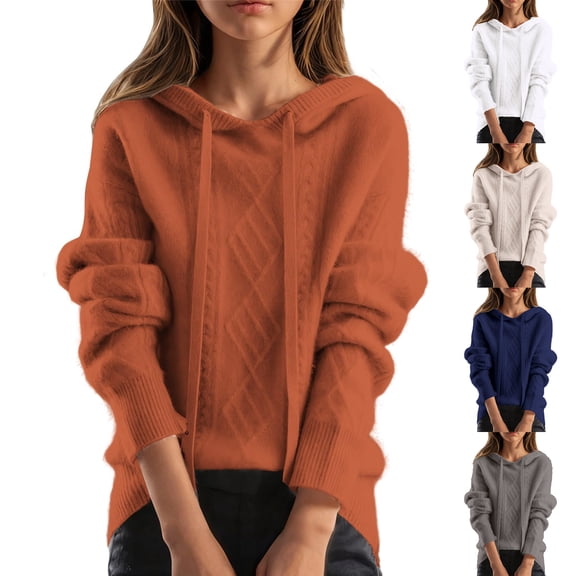 Women's Fashion Casual Solid Color Long-sleeved Drawstring Hooded Sweater Top for Fall and Winter, Comfortable and Stylish, Great for Casual Wear,Beige,Size One Size