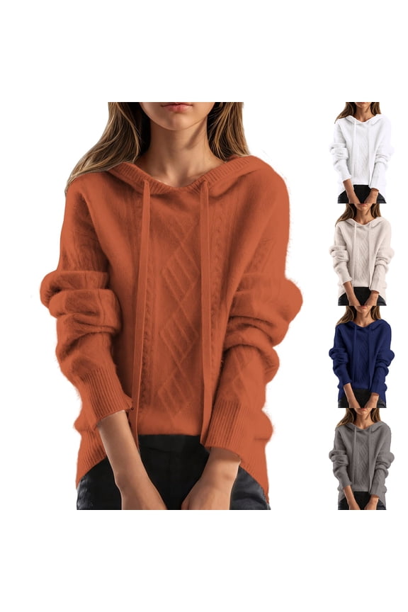 Women's Fashion Casual Solid Color Long-sleeved Drawstring Hooded Sweater Top for Fall and Winter, Comfortable and Stylish, Great for Casual Wear,Beige,Size One Size