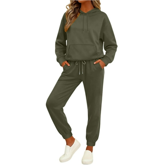 Women's Fashion Casual Solid Color Loose Hooded Sweatshirt Suit, Comfortable and Trendy for Casual Outings and Sportswear,Army Green,L