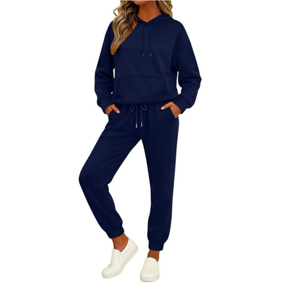 Women's Fashion Casual Solid Color Loose Hooded Sweatshirt Suit, Comfortable and Trendy for Casual Outings and Sportswear,Navy,L