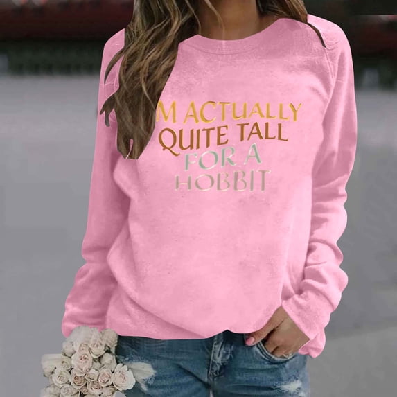 Women's Fashion Casual Solid Color Loose Long Sleeve Letter Print Round Neck Hoodie Graphic Sweatshirt Women Vintage Fall Sweatshirt Casual Short Sleeve Top Jacket Women Hoodie Apparel T Christmas