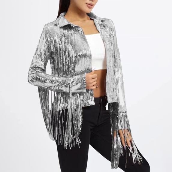Women's Fashion Casual Solid Color Loose Long Sleeve Sequined Fringe Top Jackets Denim Outerwear Coat For Women Street Style
