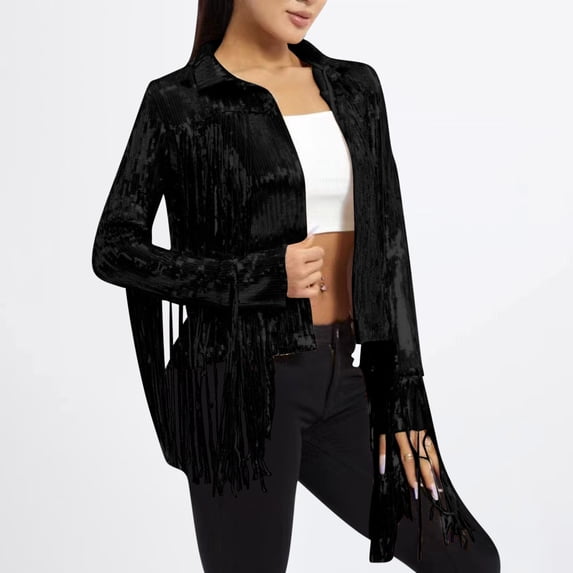 Women's Fashion Casual Solid Color Loose Long Sleeve Sequined Fringe Top Jackets Denim Outerwear Coat For Women Street Style