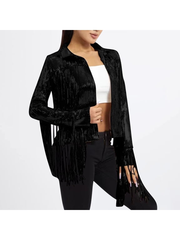 Women's Fashion Casual Solid Color Loose Long Sleeve Sequined Fringe Top Jackets Denim Outerwear Coat For Women Street Style