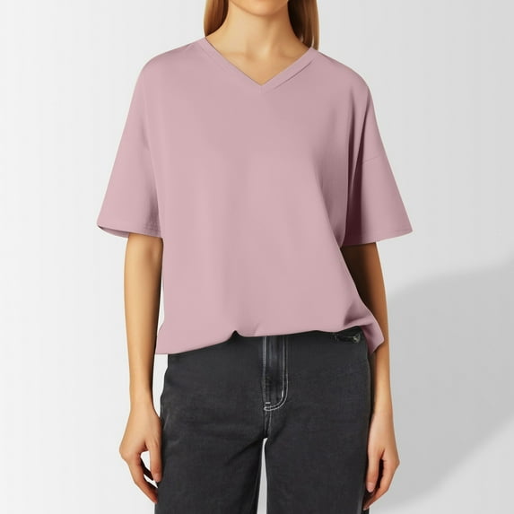 Women's Fashion Casual Solid Color Loose V Neck Short Sleeved T Shirt Top T Shirts Womens Loose Fit Running Tops Long Sleeve Heat Oversized Tees for Women New Day Shirt Women's Striped Shirts Stretch