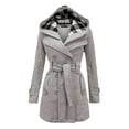 thumbnail image 1 of Women's Fashion Casual Solid Color Plaid Hooded Wool Coat With Belt And Double Long Overcoat Aubergine Vest Womens Jackets Fall Womens Lined Flannel Tailo Jacket Light Jackets Outerwear Women Long, 1 of 3