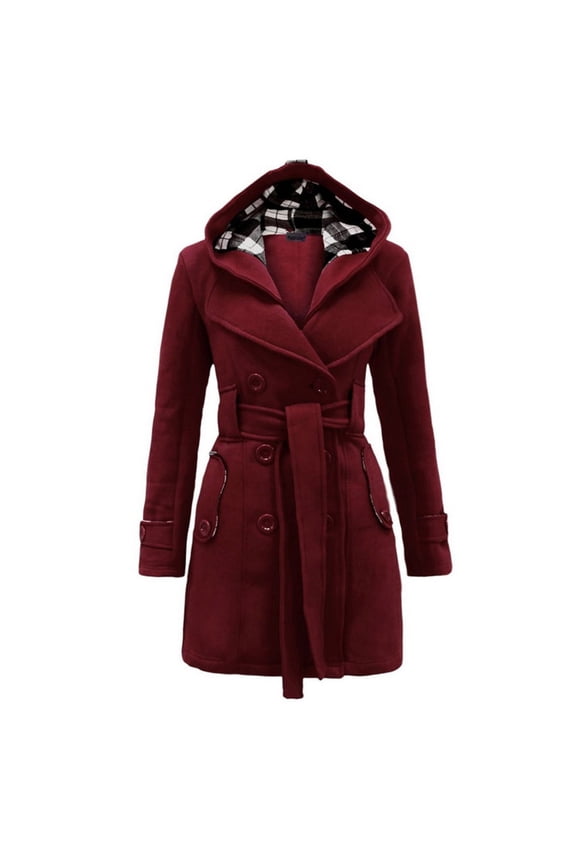 Women's Fashion Casual Solid Color Plaid Hooded Wool Coat With Belt And Double Long Overcoat Insulated Jacket Women Womens Casual Jackets Zip up Womens plus Size Casual Jackets on Earth Womens plus