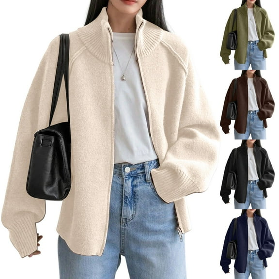 Women's Fashion Casual Solid Color Stand Collar Long Sleeve Cardigan Zipper Knitted Jacket for Fall and Winter, Open Front, Winter Clothes for Women,Army Green,One Size