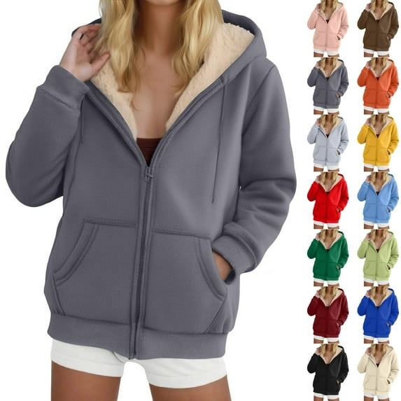 Women's Fashion Casual Solid Color Sweatshirt Loose Zipper Cardigan Long Sleeve Hooded Jacket for Fall and Winter Casual Wear,Beige,L