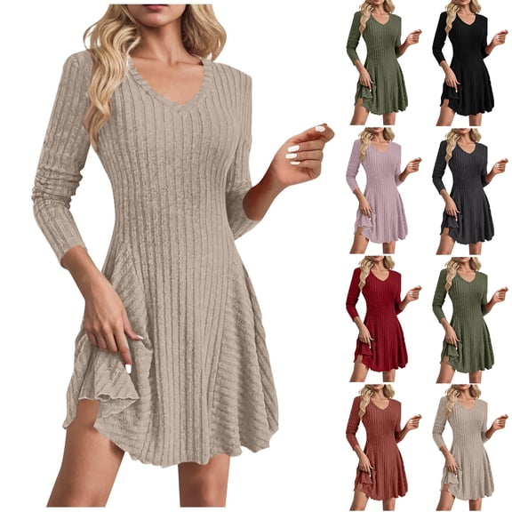 Women's Fashion Casual Solid Color V-Neck Long Sleeve A-Line Dress for Spring and Autumn Everyday Wear,Army Green,M