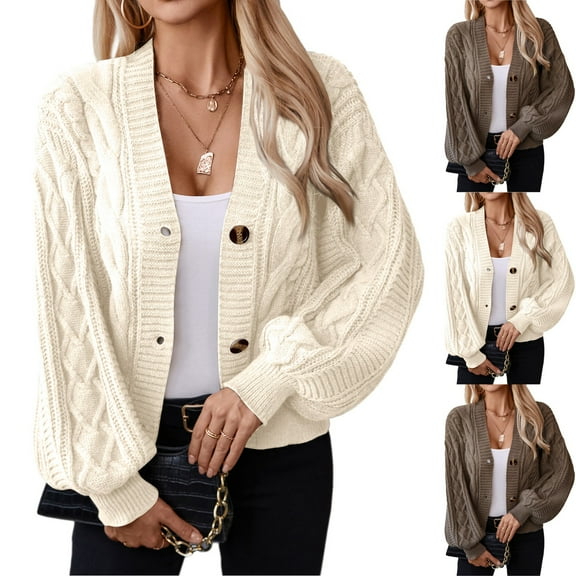 Women's Fashion Casual Solid Color V-Neck Long Sleeve Loose Knitted Cable Button Cardigan Sweater Jacket for Fall and Winter Layering,Camel,S