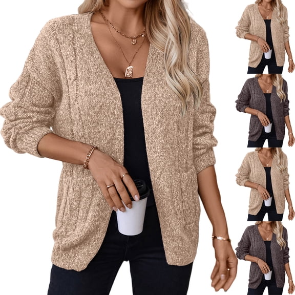 Women's Fashion Casual Solid Color V-Neck Long Sleeve Pocket Knitted Cardigan Sweater Jacket for Everyday Comfort and Fall Activities,Brown,M