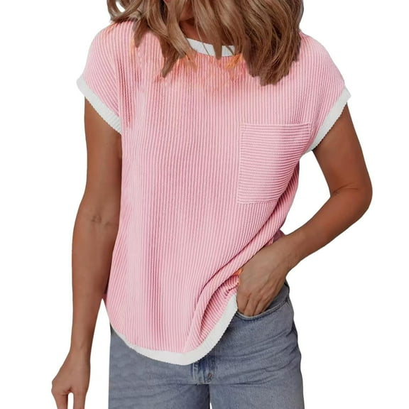 Women's Fashion Casual Solid Color V Neck Loose Pullover Short Sleeve T Shirt Top, High Quality Linen like Material, Intricate Details