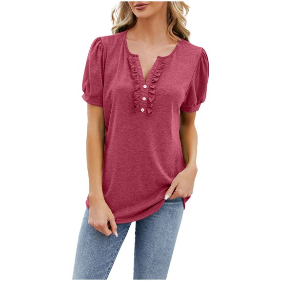 Women's Fashion Casual Solid Color Women's V Neck Button Wooden Ear Edge Short Sleeved T Shirt Top
