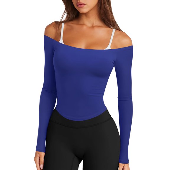 Women's Fashion Casual Solid-Colour Long-Sleeved Top with Off-Shoulder Design for Stylish Daily Wear,Blue,XL