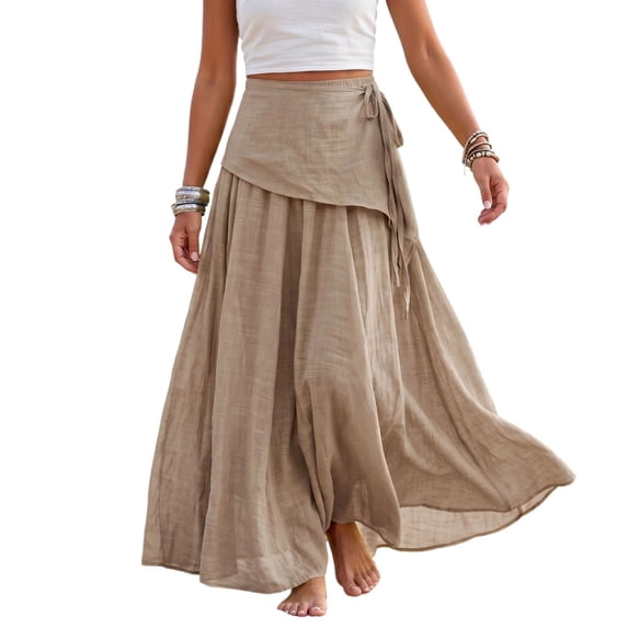 Women's Fashion Casual Solid Cotton Linen Maxi Skirt, Wrap Tie Waist Beach Cover Up Long Skirt Khaki L(L)
