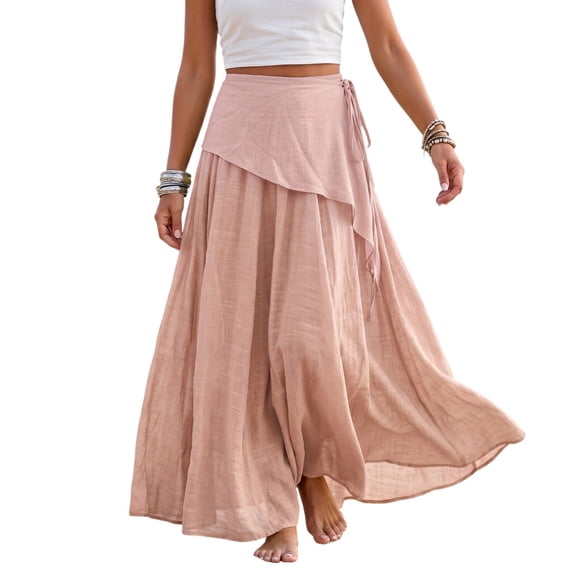 Women's Fashion Casual Solid Cotton Linen Maxi Skirt, Wrap Tie Waist Beach Cover Up Long Skirt Pink XL(XL)