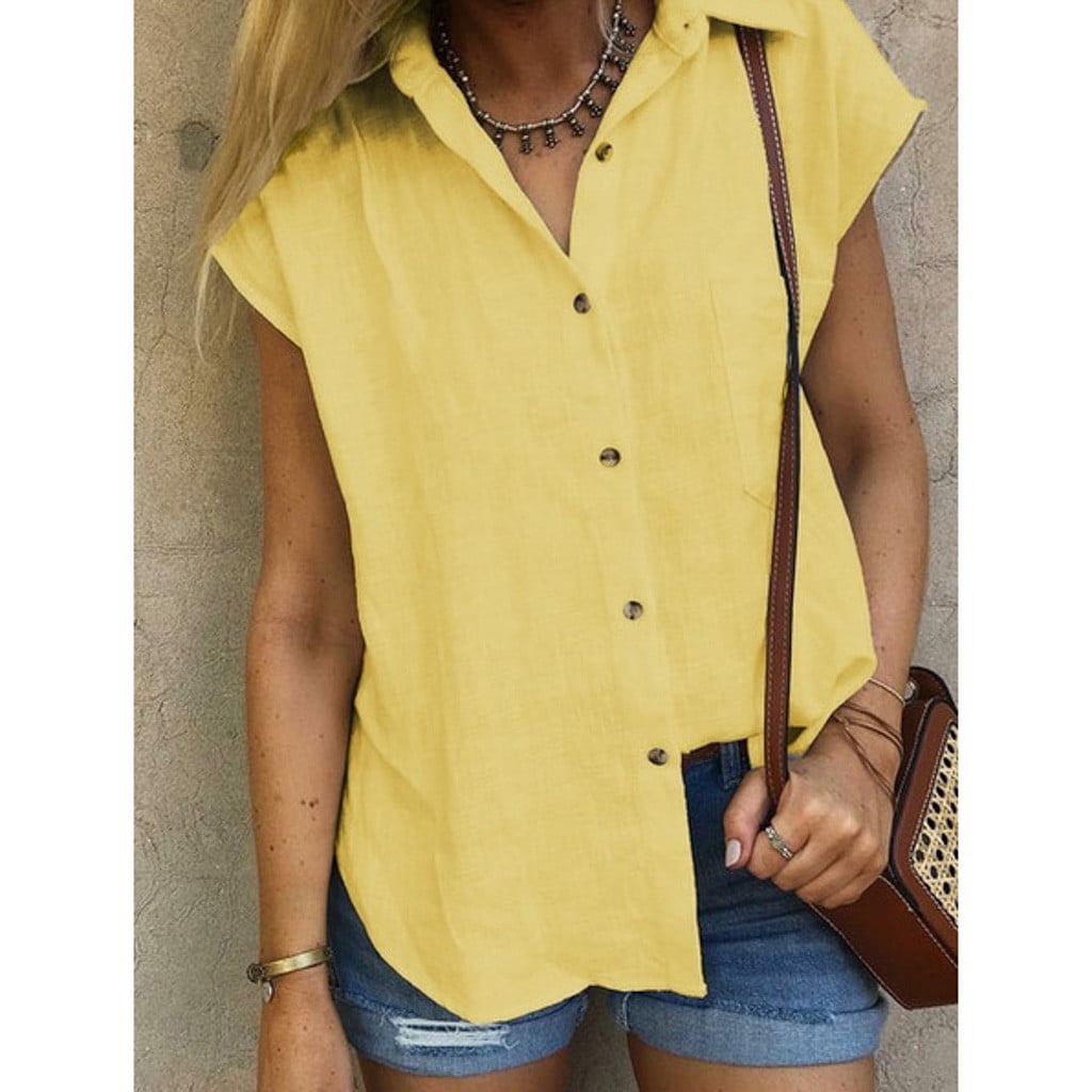 Women's Fashion Casual Solid Short Sleeve Botton Cotton Blouses Tshirt