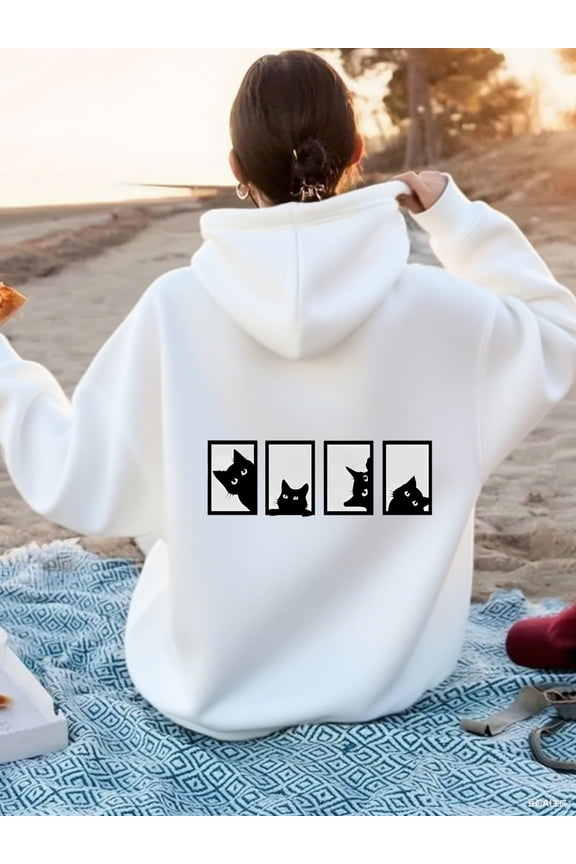 Women's Fashion Casual Sports Hoodie with Playful Cat Print on Back, Loose Fit Comfortable Versatile Hooded Sweatshirt, Streetwear Fashion, Everyday Hoodie, Fun Graphic Design, Stylish Pullover, Soft