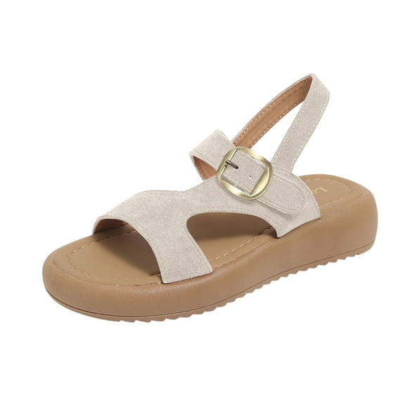 Women's Fashion Casual Spring And Summer Outer Wear Solid Color Round Toe Open Toe One-Line Buckle Soft Bottom Flat Sandals Beige Women Sandal