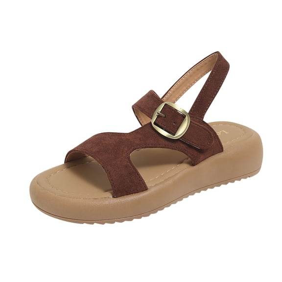 Women's Fashion Casual Spring And Summer Outer Wear Solid Color Round Toe Open Toe One-Line Buckle Soft Bottom Flat Sandals Brown Women Sandal