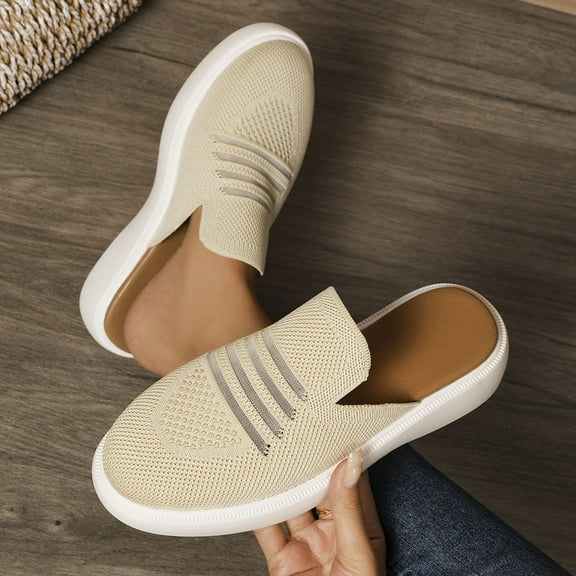 Women's Fashion Casual Spring And Summer Comfortable Shoes Round Toe Closed Toe Flying Woven Mesh Breathable One-Foot Flat Slippers Khaki Women Sandal