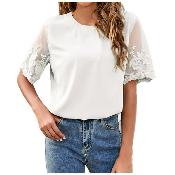 Women's Fashion Casual Spring and Summer Short Sleeve Round Neck Blouses, Lace Detail Chiffon Top, Lightweight and Comfortable for Everyday Wear, Stylish and Versatile