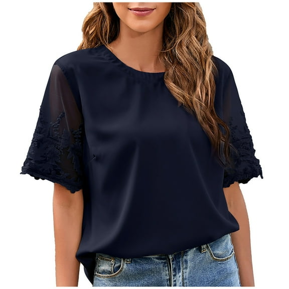 Women's Fashion Casual Spring and Summer Short Sleeve Round Neck Blouses, Lace Detail Chiffon Top, Lightweight and Comfortable for Everyday Wear, Stylish and Versatile