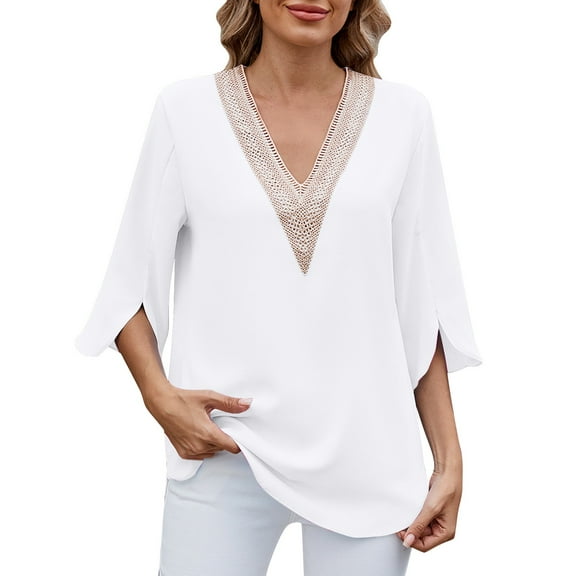 Women's Fashion Casual Spring/Summer Solid Color V Neck Medium Sleeve Loose Chiffon Shirt Women's Top T Shirt