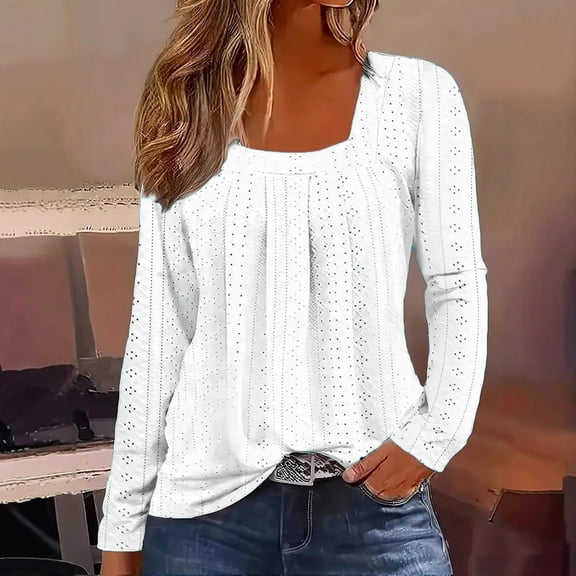 Women's Fashion Casual Square Collar Crease Solid Color Long Sleeve T Shirt Top Mint Shirt Business Casual Clothes under Shirt with Sleeves Long Sleeve Women Running Shirt Ladies Undershirts plus Size