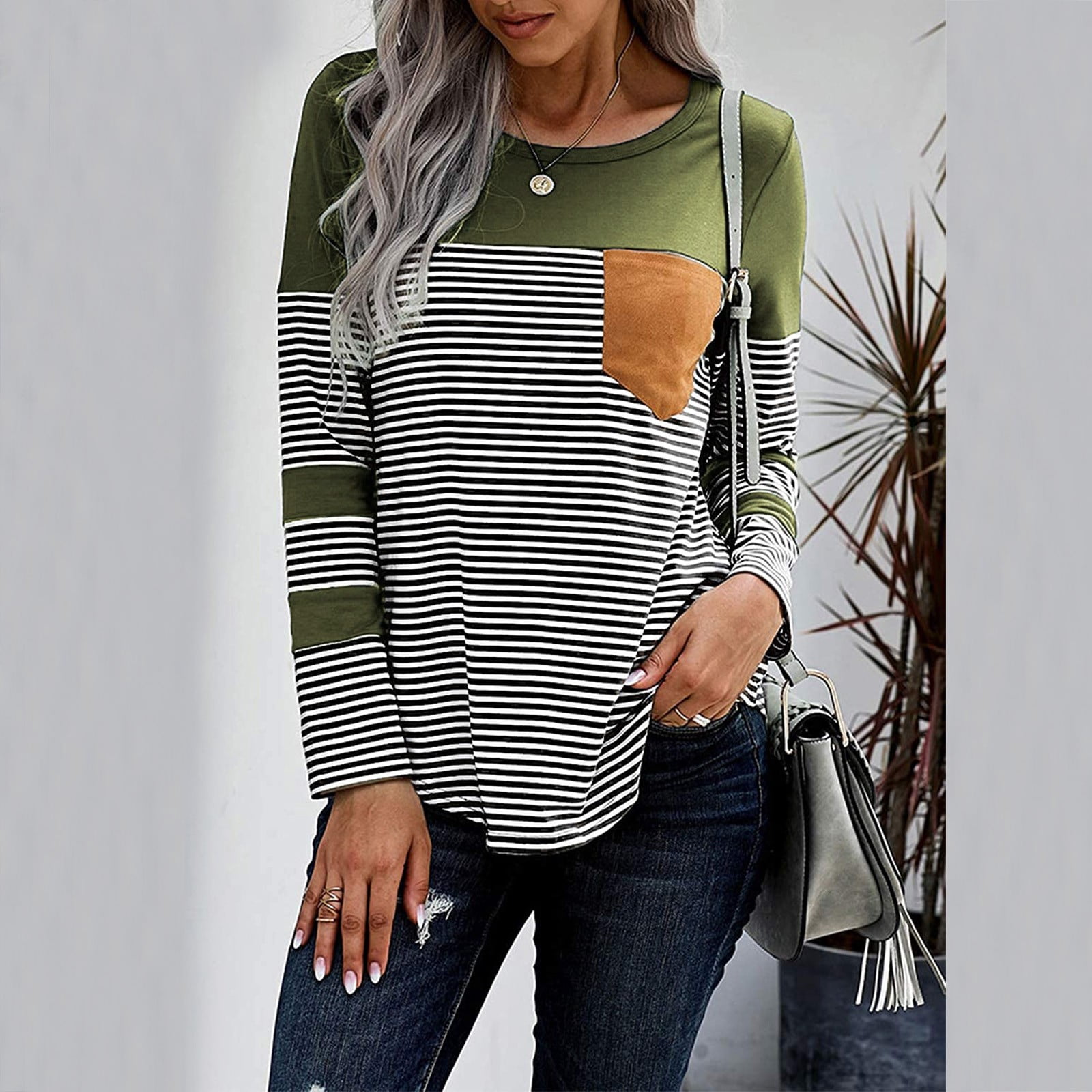 Women's Fashion Casual Stripe Round Neck Long Sleeve Loose T Shirt Tops