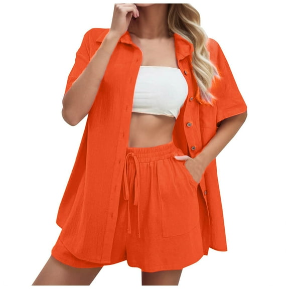 Women's Fashion Casual Suit Solid Color Summer Shorts And Shirt Top Two Piece Sets Lapel Shirt Slim Suits
