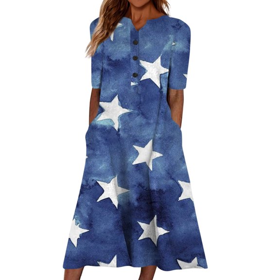 Women's Fashion Casual Summer Pocket Short Sleeve Printing V-Neck Dress