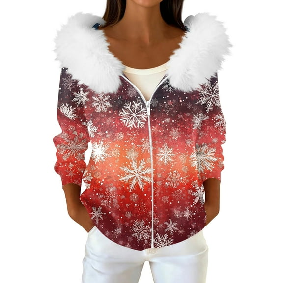 Women's Fashion Casual Sweater Zipper Cardigan, Christmas Snowflake Print Plush Hooded Jacket for Holiday Parties and Cozy Winter Wear,Orange,L