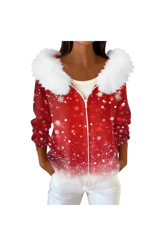 Women's Fashion Casual Sweater Zipper Cardigan, Christmas Snowflake Print Plush Hooded Jacket for Holiday Parties and Cozy Winter Wear,Red,S