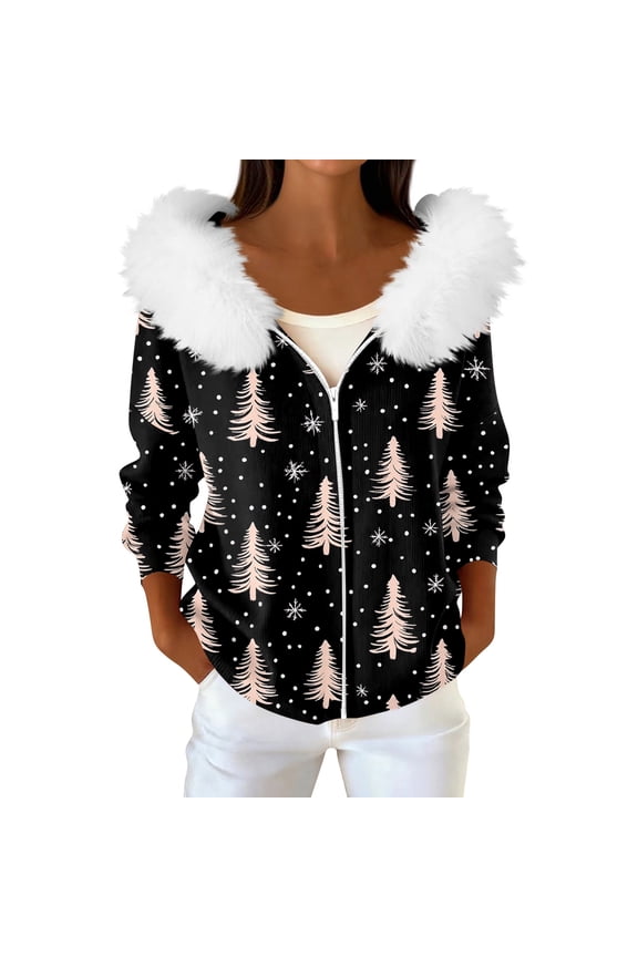 Women's Fashion Casual Sweater Zipper Cardigan, Christmas Themed Print Plush Hooded Jacket for Seasonal Holiday Cheer and Style,Black,L