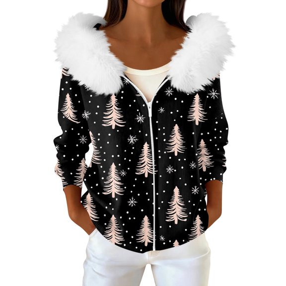 Women's Fashion Casual Sweater Zipper Cardigan, Christmas Themed Print Plush Hooded Jacket for Seasonal Holiday Cheer and Style,Black,M