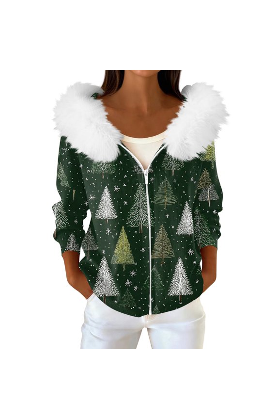 Women's Fashion Casual Sweater Zipper Cardigan, Christmas Themed Print Plush Hooded Jacket for Seasonal Holiday Cheer and Style,Dark Green,S